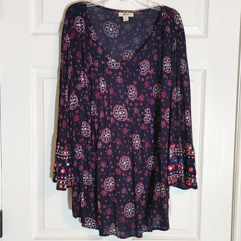 Style and Company boho runic, navy/multi, size M*
